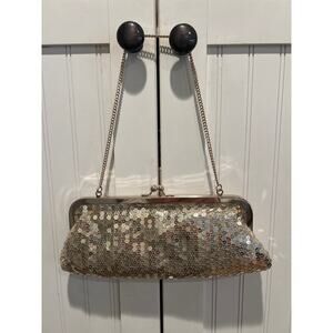 NWT Ann Taylor Loft Women's Bling Sequined Kiss Lock Clutch Purse Sparkly Gold